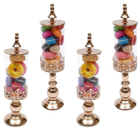 Tarros para caramelos, juego de 4 azucareros, botes de acrílico para caramelos con tapa, tarros para almacenar caramelos, bonito soporte para tartas, decoración para postres de bodas y fiestas doradas