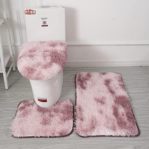 Plush Tie Dyed Carpet Solid Color Toilet Bath And Bathroom Three Piece Set Bathroom Floor Mat Household Bathroom Accessories Pink Purple 3Pcs Set