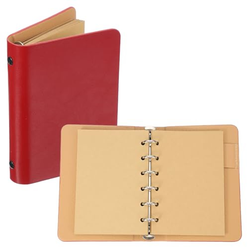 PATIKIL 6-rings pärmskydd, 1 paket A7 Kraft läder anteckningsblock Mini påfyllningsbar med lösa blad personlig planerare med 50 ark papper, röd