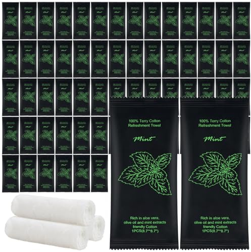 Moist Cotton Towel Bulk Moist Towelettes Individually Wrapped 8.7 x 8.7,White Towel Services,Refreshment Pre Moistened Towels for Travel Sport Party Spa Dentist (1 Count (Pack of 50), Mint)