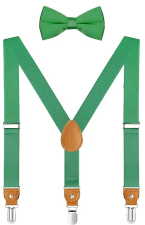 CEAJOO Men's Kids Suspenders and Bow Tie Adjustable Elastic with Strong Metal Clips Green 24