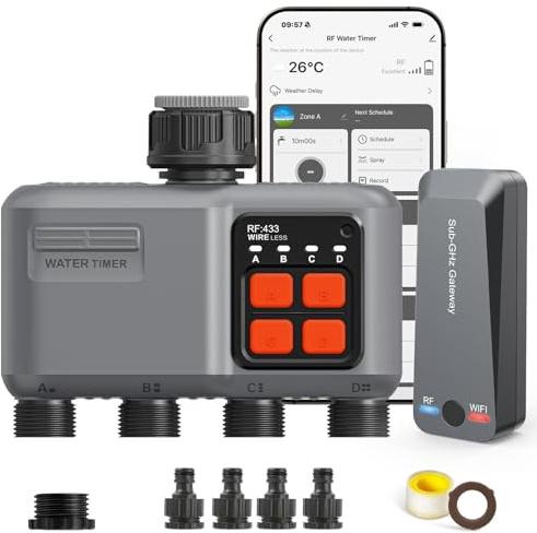 johgee Smart WiFi Water Timer 4 zone for Irrigation with 300M RF Gateway