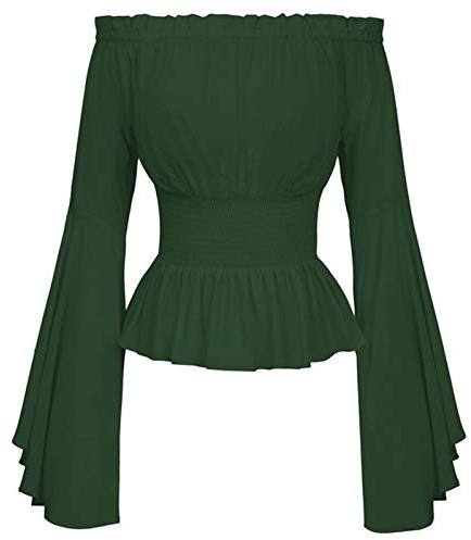 Langarmshirt Damen Tops Hemd Bluse Damen Boho Rüschen Schulterfrei Korsett Flare Sleeve Bluse Shirt Tops (Green, M)