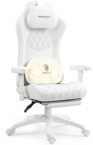 Dowinx Gaming Stuhl, ergonomischer Bürostuhl mit Massage- und Wärmefunktion, atmungsaktivem Taschenfederkissen wie im Sofa, Verstellbarer PC Stuhl mit Fußstütze, Rücken- und Nackenstütze, Weiß