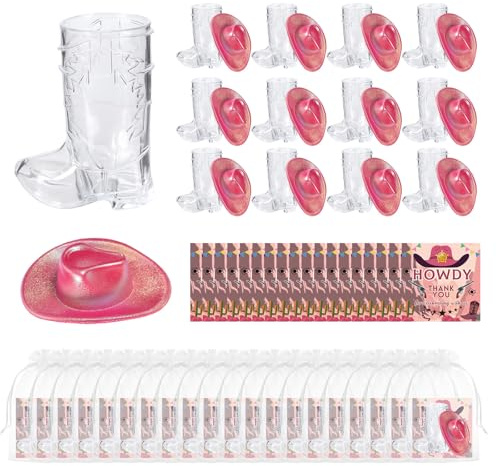 20 Pcs Mini Cowboy Boot Shot Glasses Hat, Reusable Plastic Pink 1oz Boot Cups Shot Glass Cowgirl Cowboy Party Favors Cowgirl Western Birthday Theme Party Bachelorette Supplies Mini Beer Mug Glasses