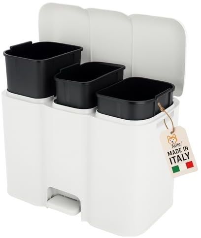 AKITAInk Pattumiera Differenziata Patty3 Bianca - 3 Scomparti (13L + 8L + 13L) con Pedale, Cestini Rimovibili e Etichette Riciclo, Design Moderno per Cucina e Ufficio