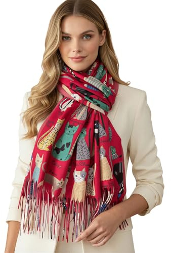 The Accessory Co. Fun Cat Scarf, Cat Gift for Cat Lover, Womens Scarf Lightweight Shawl Wrap, Ladies Pashmina Scarves for Spring Summer Autumn Winter, Gift for Her, Birthday, Mothers Day (Royal Red)