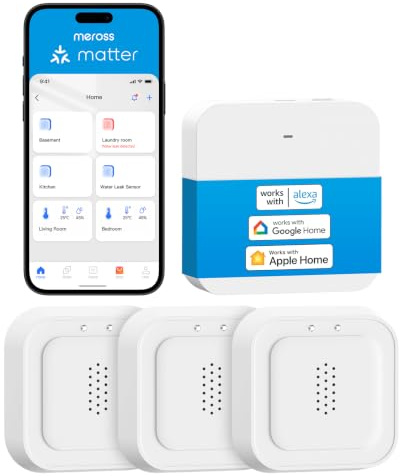 Meross Matter Détecteur de Fuite d'eau Connecté avec MSH450, 100dB Alarm | Capteur de Fuite d'eau Wi-FI Détection 0,3 mm, 100dB Sensor & APP & Hub-Alarm, pour la Cuisine, Salle de Bains et Cantine