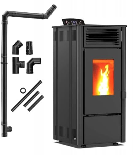 THUNDER Stufa a pellet autoportante con WLAN, telecomando, termostato, alimentazione automatica e kit condotto fumo (SOPHIA BLACK, 8.1 KW)