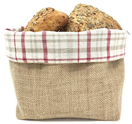 Gaidra Panera Cesta de Pan pancillos en Tela de Yute y algodón Doubleface - Bolsa de diseño confeccionada con artesanía de Calidad en Fibras Naturales - A Cuadros, Rojo, 28 x 20 x 10 cm