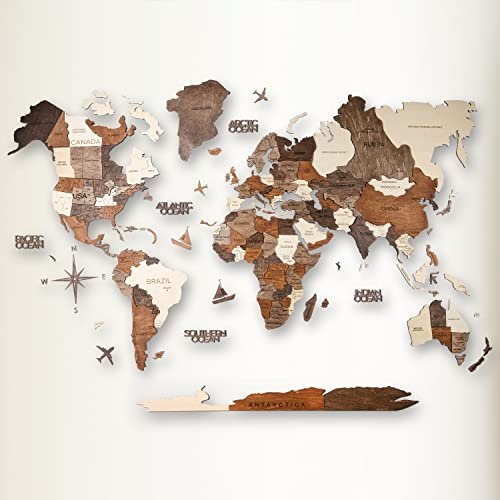 AWESOMETIK Mapa del mundo de madera 3D multicolor, mapa del mundo de madera 3D, fácil instalación con cinta adhesiva de doble cara, incluye complementos, madera contrachapada duradera de alta calidad,