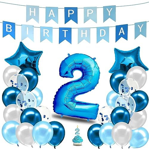 envami® Geburtstagsdeko Jungen Blau Zahl 2. Geburtstag Junge Happy Birthday Deko Folienballon 2 Luftballon 2. Geburtstag Kindergeburtstag Deko 2.