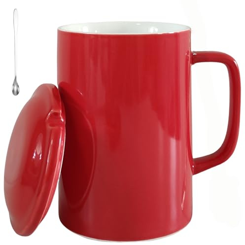 NIUKOMY Extra Große Kaffeetasse 1000ML, Jumbo Keramik Teetasse mit Deckel und Löffel, Super Gross Tasse, Riesige Becher Porzellan, XXL Milchtasse, Big Mug für Büro und Zuhause,Rot
