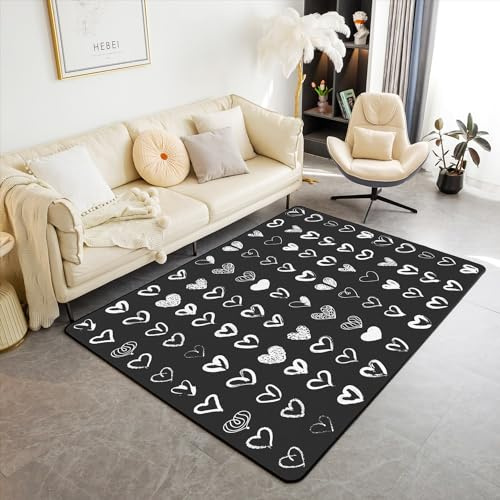 Corazón amor alfombras para sala de estar dormitorio 150 * 200 cm patrón romántico amor área alfombra día de San Valentín alfombra decorativa conjunto geométrico blanco y negro alfombra interior