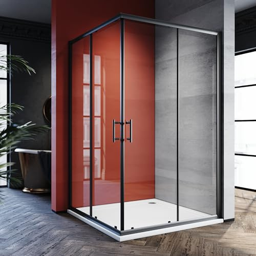SONNI Duschkabine Eckeinstieg 100x100x195cm, Schiebetüren, 5mm ESG, Schwarz | Schwarze Schiebetür-Duschkabine mit H-Griff, Bodenrollen und stabiler Aluminiumführung. Links oder rechts montierbar.