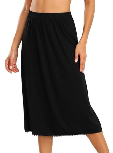 Vlazom Jupon Femme Longue Jupon sous Robe Antistatique en Dentelle Demi-Jupe Modal Lingerie sous-vêtements，Noir，L