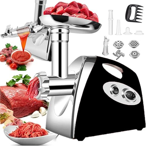 QYOEGSQ Electric Meat Mincer Grinder Tomato Strainer Sausage Maker,2800W Stainless Steel Tomato Sauce Maker Meat Mincer Machine with 3 Cutting Plates,Tomato Machine,Sausage & Kubbe Kit(Black)