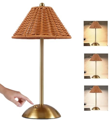 Boho Rattan Table Lamp, Wicker Desk Lamp Rechargeable Cordless Battery Lamp with 3-Color Dimmable Light & Touch Control Portable Bamboo Night Light for Bedroom, Living Room, Nursery (Brown)