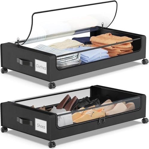 SPEEDEVE 2 Pezzi Contenitori Sottoletto con Ruote 50L Cassettiera con PVC Coperchio Salvaspazio Organizer per Vestiti Scarpe Libri Giocattoli Coperte,Nero,2 pezzi