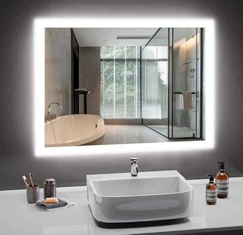 PESENXAN Badezimmer Spiegel mit Beleuchtung, 80 x 60cm LED Spiegel Bad mit Licht, Antibeschlag, Badezimmerspiegel mit 2 Lichtfarben, 3000K / 6500K, Tastenschalter