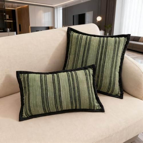 Habodd Lot de 2 Housses de Coussin 30x50 cm en Chenille, Boho Housse Coussin Vert de Canapé en Rayé Noir, Moderne Douillet Taie d'oreiller de Luxe pour Sofa Canapé Lit Chambre Salon Maison Décoration