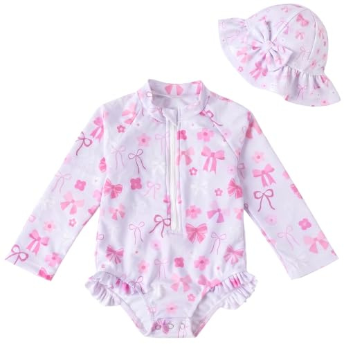 Traje de Baño para Niñas Pequeñas, Bañador con Gorro para el Sol y Manga Larga, Protección UPF 50+, con Cremallera, para Niñas de 3 a 36 Meses, Ideal para la Playa y la Piscina