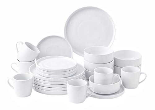 simpa 24PC White Vertical Edge Porcelain Dinner Set, 6 Dinner Plates, 6 Side Plates, 6 Bowls & 6 Mugs, Dishwasher & Microwave Safe