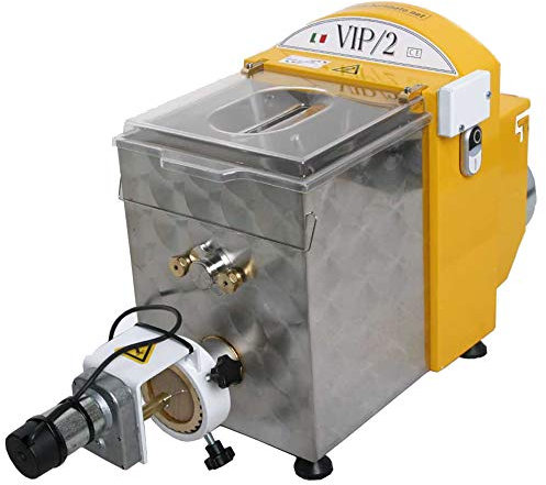 VIP/2 Macchina Pasta Fresca professionale elettrica con coltello TAGLIAPASTA elettrico per pasta corta, con 4 trafile in bronzo incluse, capacità vasca 2,8kg e produzione max pasta/ora di 8kg (Giallo)