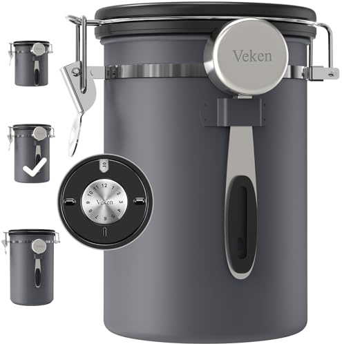 Veken Coffee Canister, Airtight Stainless Steel Kitchen Food Storage Container with Date Tracker and Scoop for Grounds Coffee, Beans, Tea, Flour, Cereal, Sugar, 22OZ, Gray