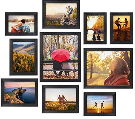 Giftgarden 10er Schwarz Bilderrahmen Set Verschiedene Größen, Multi Rahmen Collage 10x15 cm(4 Stück), 13x18 cm(4 Stück), 20x25 cm(2 Stück), Modern Fotorahmen für Wand oder Tischaufstellung