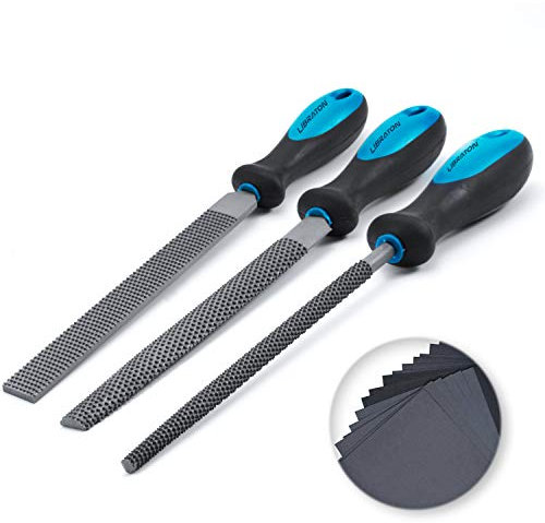 LIBRATON Holzraspeln 3 tlg, Feilensatz, inkl Flachfeile Halbrundfeile Rundfeile 200mm und 28pc Schleifpapier ideal für Werkstatt, Heimwerken (Feilen Set)