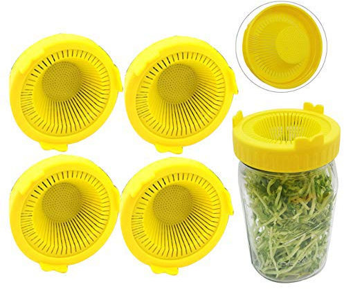 Bsopem 4Pcs Sprouting Lids, Plastic Sprouting Jar Kit, Wide Mouth Mason Jars Lids, for Bean Sprout Alfalfa Salad Sprouts(Yellow)