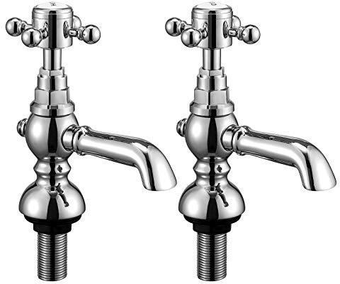 Wasserrhythm Basin Taps Pair Waterfall Victoria Traditional Twin Bathroom Sink Taps in Pair Two Basin Pillar Tap Classic Cross Lever Chrome Brass