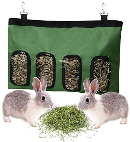 Kaninchen Heutasche Meerschweinchen Futterstation Futterspender Kleintiere Heutasche Futtersack für Hase Chinchilla Hamster Kleine Tiere (4 Fenster, Grün)
