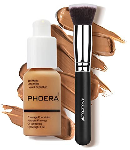 Junhe PHOERA Fond de teint liquide, fond de teint couverture complète 24 heures fond de teint liquide anti-cernes mat avec pinceau de fond de teint (106)