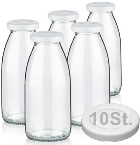 Geniess-Bar! 5 Milchflaschen 250ml mit 10 Deckel BPA frei Saftflaschen Glasflaschen 0,25L auch erhältlich mit 2/8/15 Flaschen Weithalsflaschen leer zum Befüllen Schraubdeckel