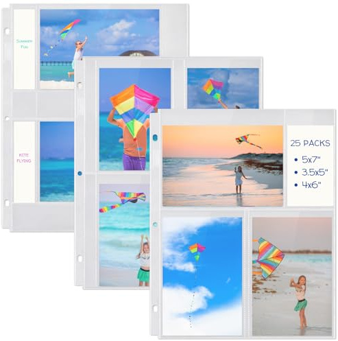 Dunwell Photo Sleeves (75 Pack) 25 Each of 3.5x5, 4x6, 5x7 Photos Album Refill Pages, 3-Ring Binder Photo Pockets for Postcards, Recipe Cards, Seed Packets
