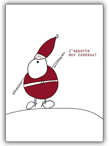 4 Karten: Fröhliche, französische Nikolaus/ Weihnachtsmannkarte: J'apporte des cadeaux !-Weihnachts Glückwünsche im Set mit Umschlägen zum Jahreswechsel für Familie, Freunde