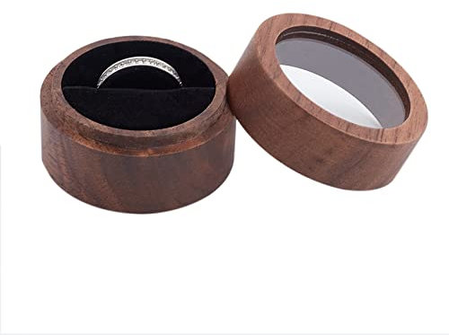 FINGERINSPIRE Boîte à Bagues en Bois de Noyer 5X3,6cm Boîte à Bagues Ronde en Bois Avec Fenêtre Transparente Petite Colonne pour Proposition Fiançailles Anniversaire Cérémonie de Mariage