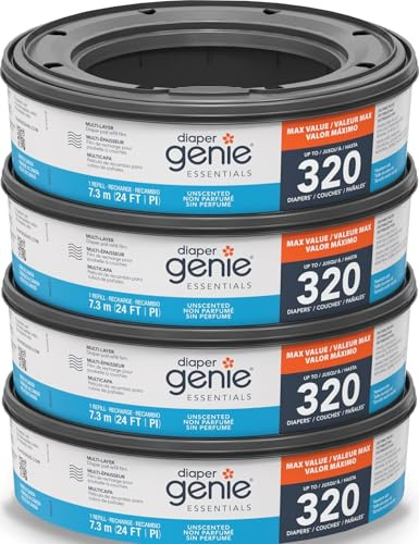 Diaper Genie Essentials Runde Nachfüllpackung, für bis zu 1280 Windeln für Neugeborene, mit geruchloser durchgehender Folie, kompatibel mit Diaper Genie Complete und Expressions Eimern, 4 Stück