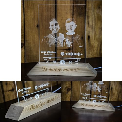 EDURAIT Lámpara LED Personalizada con Foto, Texto y Canción – Placa de Metacrilato con Base de Madera USB – Regalo Original y Emocional para Pareja, Familia y Amigos (Varios Tamaños)