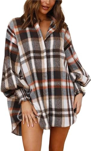 Flannel Dress for Women - Long Sleeve Button Down Plaid Shirt Dress Oversized Blouse Tops (B4,M)