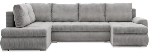 Mebligo - Ecksofa mit Schlaffunktion und Bettkasten Tokio II PRO, 300 cm Breit, Wohnzimmer Eckcouch Ottomane Links, Sofa Cord mit Bettfunktion - Sofa Hellgrau (Poso 055)