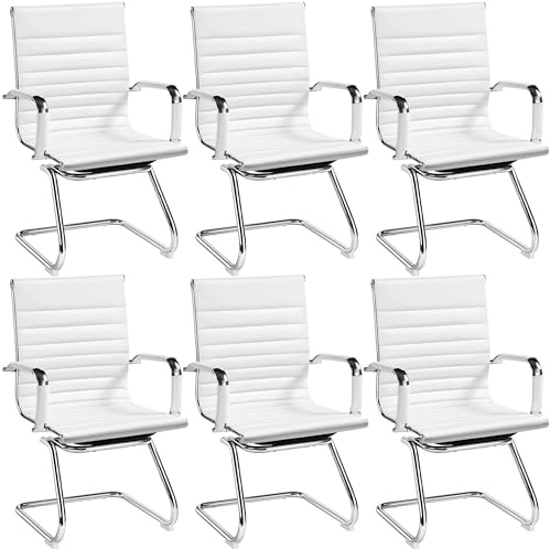 Yaheetech Set 6 Sedie Ufficio Senza Ruote per Ospiti Visitatori Riunioni Conferenza Ergonomiche Design Cantilever in Pelle Sintetica con Schienale e Braccioli Bianco