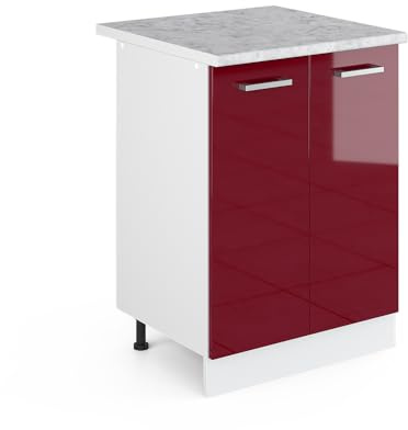 Vicco Unterschrank R-Line, Bordeaux Hochglanz, 60 cm | mit Türen, mit Arbeitsplatte, zur Aufbewahrung von Haushaltsutensilien und Reinigungsmitteln