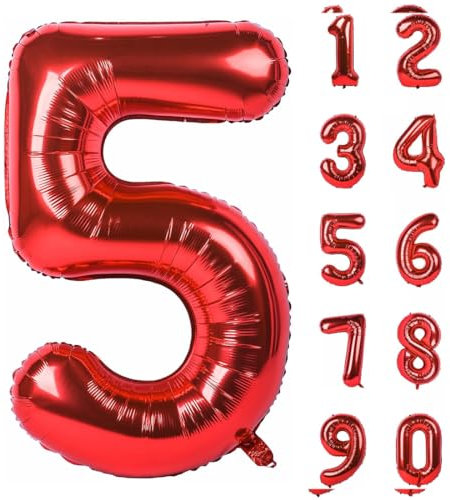 TNSRAY Globos de Papel de Aluminio Rojo de 32 Pulgadas, decoración de Fiesta de cumpleaños, Globo de cumpleaños, números inflables Gigantes, Globos de cumpleaños, decoración de Fiesta, número 5