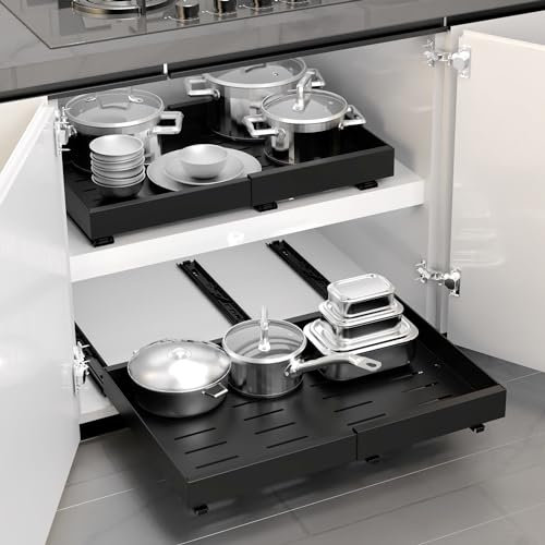 WISD Teleskopschublade - Ausziehbarer Schrank Organizer Mit 3 Schienen - Kein Bohren - Verstellbare Breite (32-48cm) - Schrank Schubladen Ausziehbar für Küche, Speisekammer, Bad (Schwarz, 1 Stück)
