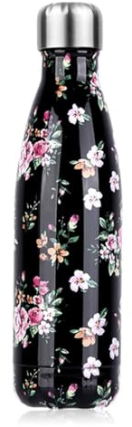 Edelstahl Trinkflasche Vakuum Isolierte Wasserflasche Premium Thermosflasche Isolierflasche 24 Std. Kalt und 12 Std. Heiß für Sport, Fitness, Fahrrad, Yoga,Outdoor, Camping (Blumen Schwarz, 500ml)