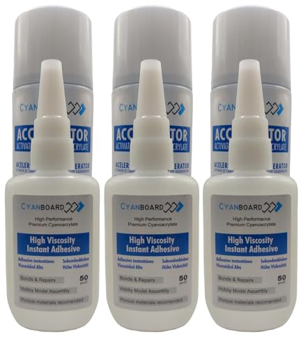 Cyanboard, Kit 3 X Adhesivo de Cianoacrilato de Alta Viscosidad (3 X 50grs) + 3 X Activador Acelerador Tapa Poros (3 X 200ml), Adhesivo Instantáneo para Materiales Porosos: Madera, Goma, Cuero