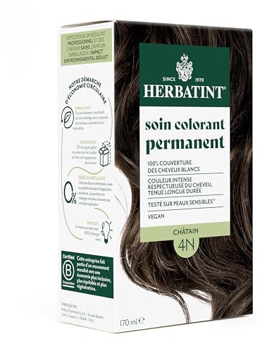Herbatint Soin Colorant Permanent pour Cheveux 4N Châtain - 170 ml | Sans Ammoniaque, 100% Couverture des Cheveux Blancs | Testé Dermatologiquement pour Peaux Sensibles, avec 8 Extraits Végétaux Bio